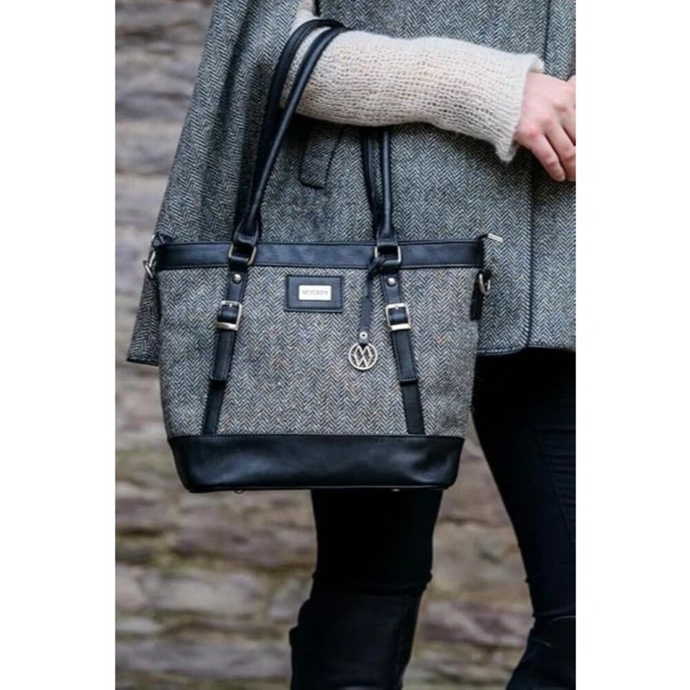 Mucros Weavers Wool Tweed Kelly Bag Gray Herringbone Made in Ireland